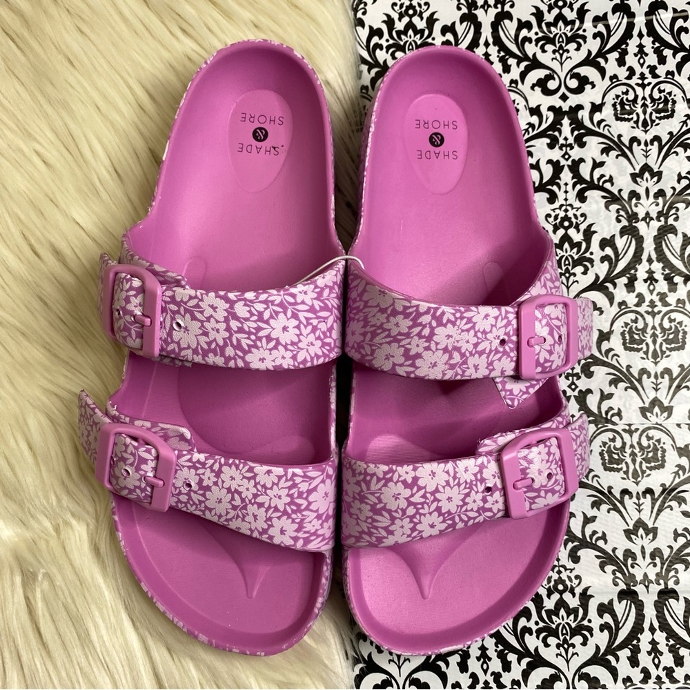 NWT : Shade & Shore : size : 8 : ‘neida eva’ two band pink floral slide sandals - Picture 2 of 7